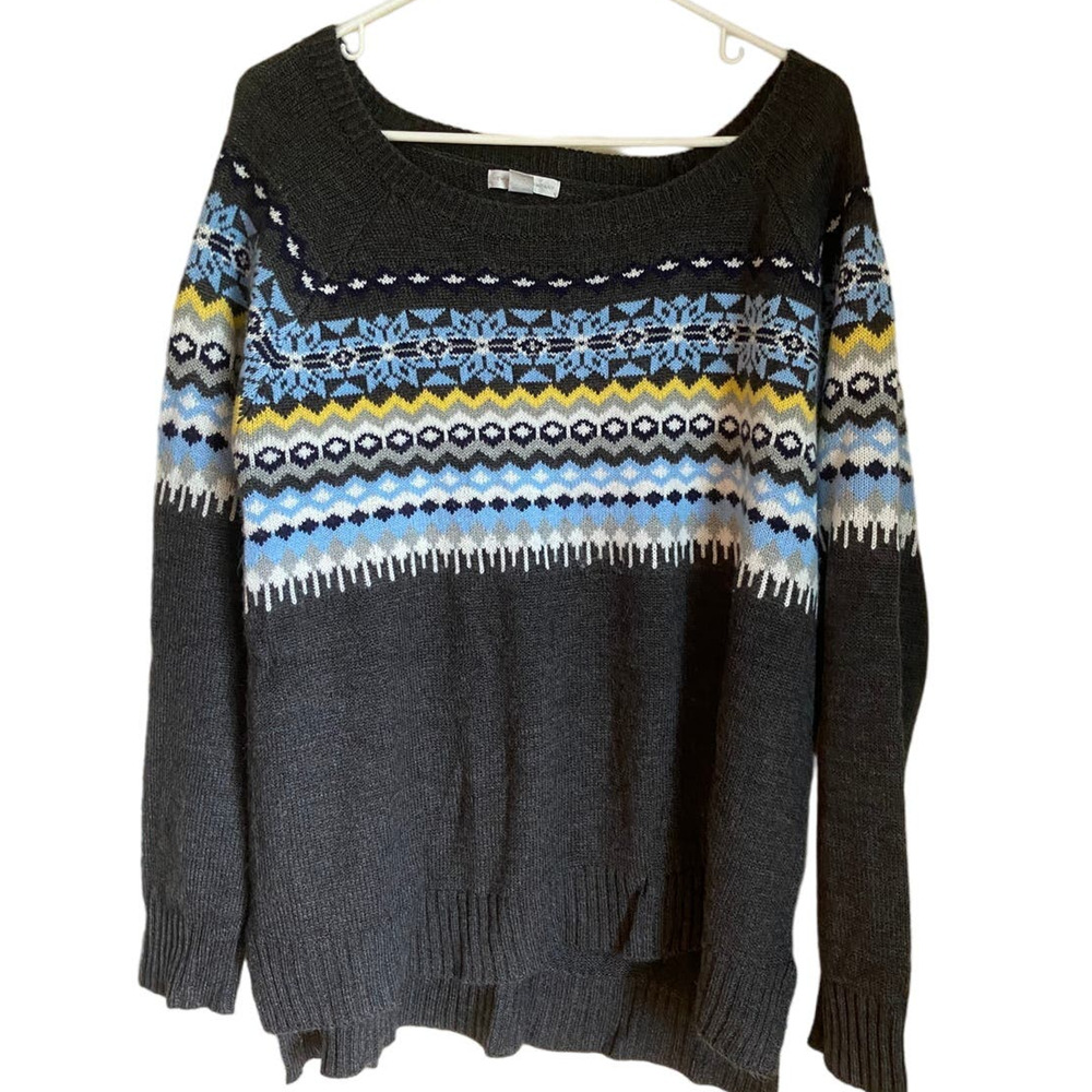 Preppy Cozy Grey Nordic Fair Aisle Vintage Sweater Grandpa Knit Gray Size XL